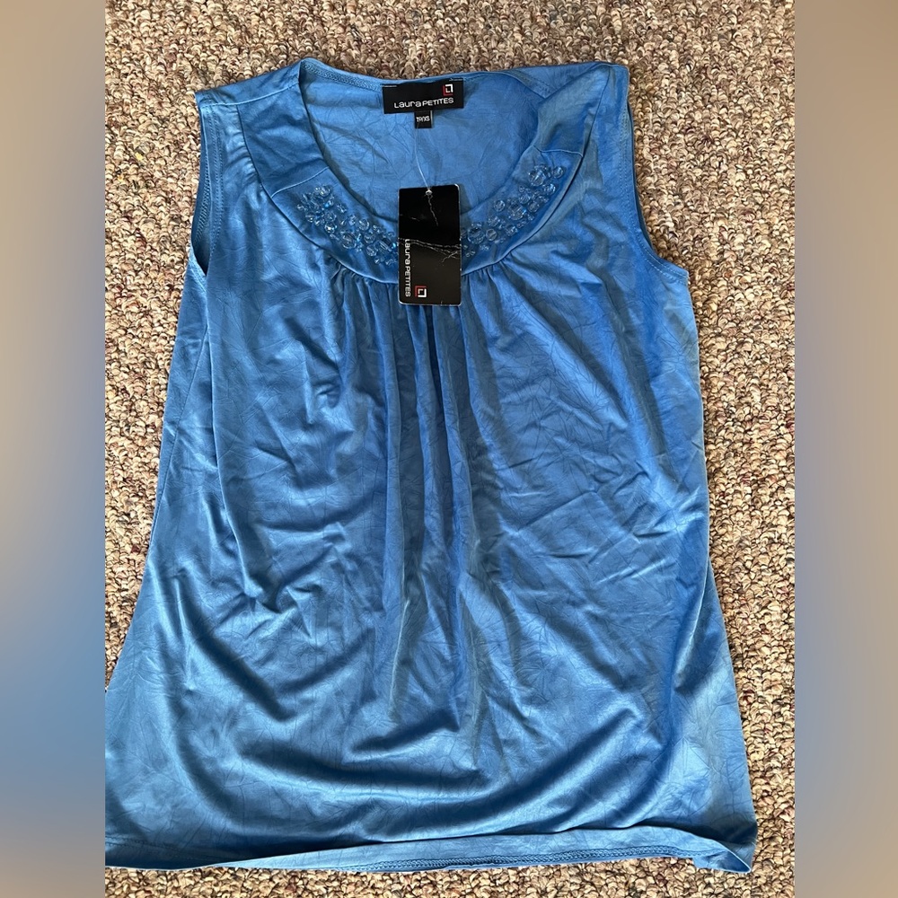 Laura petite  Embroidered Blue Tank Top